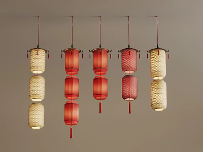Chinese Style Hanging Lanterns With Red And Cream Colors For Interior Decoration 3d model