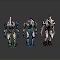 Three Futuristic Robots With Silver Blue White Armor And Streamlined Mechanical Design 3d model