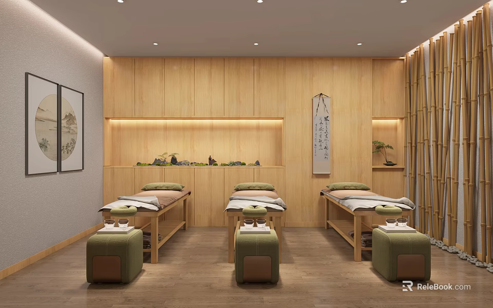 SPA Sauna Interior Design With Wooden Walls Massage Beds Green Plants And Decorative Paintings 3d model 