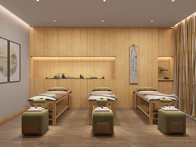 SPA Sauna Interior Design With Wooden Walls Massage Beds Green Plants And Decorative Paintings 3d model