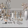 Stylish Bathroom Accessories With Skincare Bottles Makeup Brushes And Small Mirror On White Countertop