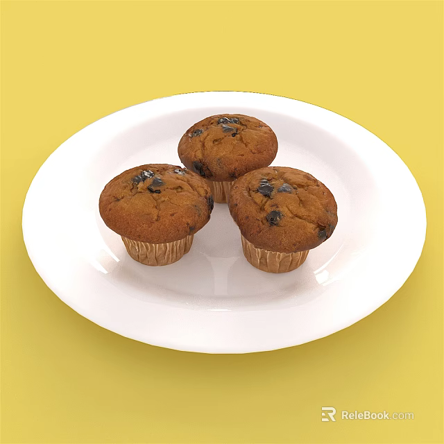 Fresh Blueberry Muffins On White Plate With Yellow Background 3d model 