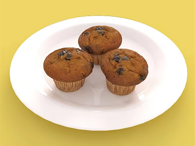 Fresh Blueberry Muffins On White Plate With Yellow Background 3d model