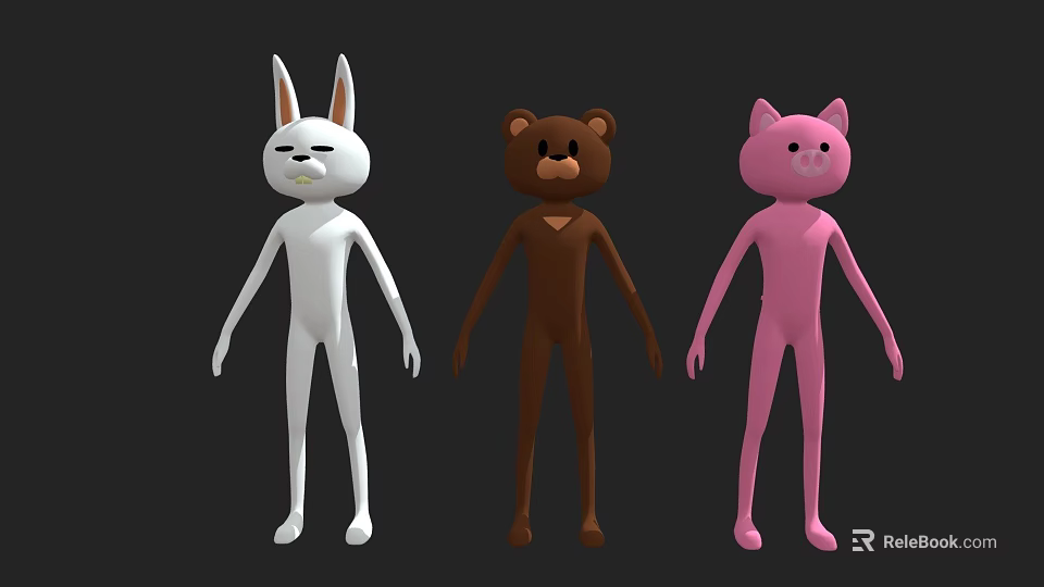 Game Movie Cartoon Animal Characters With White Rabbit Brown Bear Pink Cat 3D Design 3d model 