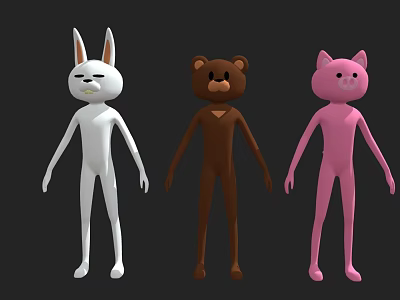 Game Movie Cartoon Animal Characters With White Rabbit Brown Bear Pink Cat 3D Design 3d model