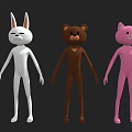 Game Movie Cartoon Animal Characters With White Rabbit Brown Bear Pink Cat 3D Design