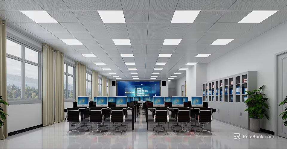 School Computer Classroom With Multiple Computers Desks Large Screen And Lockers 3d model
