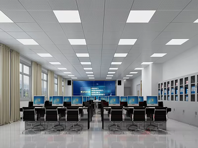 School Computer Classroom With Multiple Computers Desks Large Screen And Lockers 3d model