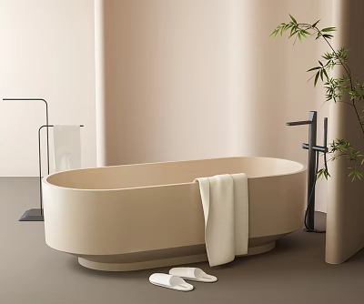 Elegant Modern Minimalist Freestanding Beige Bathtub Interior Design With Towel Slippers And Green Plant 3d model