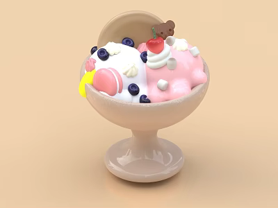 Delicious Ice Cream in White Ceramic Bowl with Blueberries Cherry and Teddy Bear Decoration 3d model