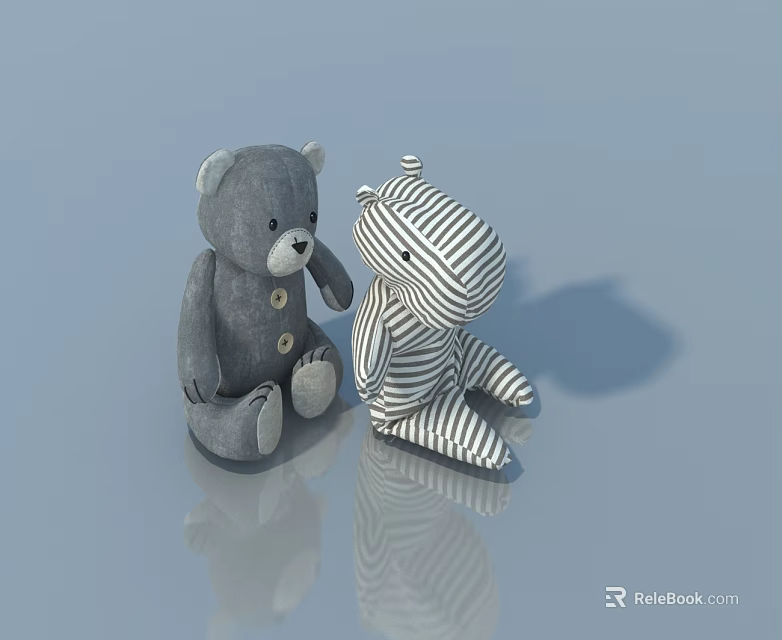 Gray Teddy Bear And Striped Zebra Doll Sitting Together With Reflection On Gray Surface 3d model 