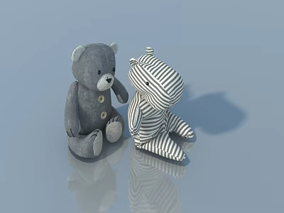 Gray Teddy Bear And Striped Zebra Doll Sitting Together With Reflection On Gray Surface 3d model