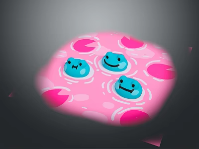 Three Blue Smiling Reptiles In Pink Water With Circular Patterns And Ripples 3d model