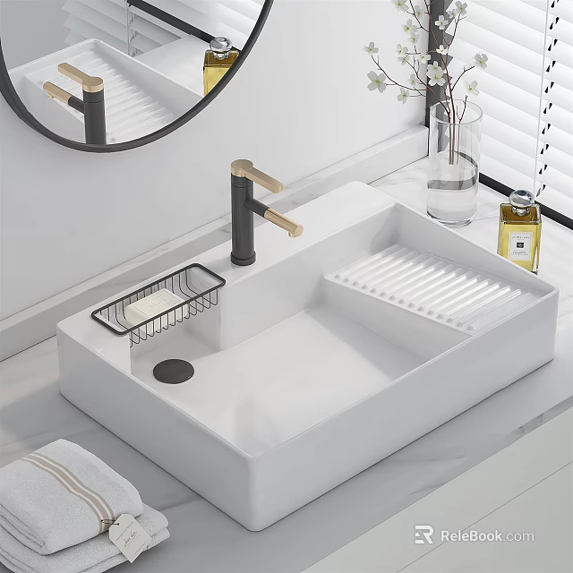 Rectangular White Ceramic Washbasin With Black Gold Faucet Soap Rack And Decorative Vase 3d model 
