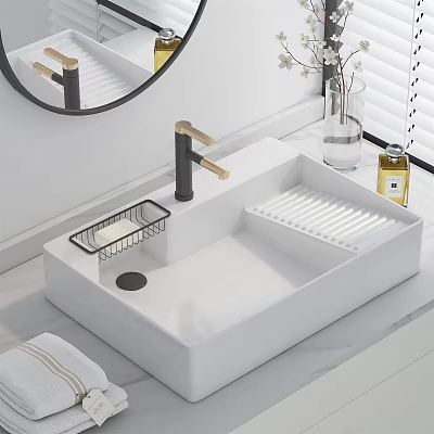 Rectangular White Ceramic Washbasin With Black Gold Faucet Soap Rack And Decorative Vase 3d model