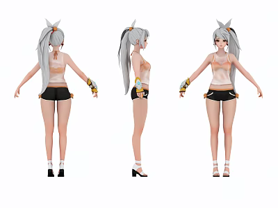3D Game Character Model With Silver White Ponytail Crop Top Shorts And Heels 3d model