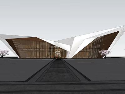 Modern Geometric Building Design With Glass Curtain Walls And Pink Blossom Trees 3d model