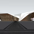 Modern Geometric Building Design With Glass Curtain Walls And Pink Blossom Trees