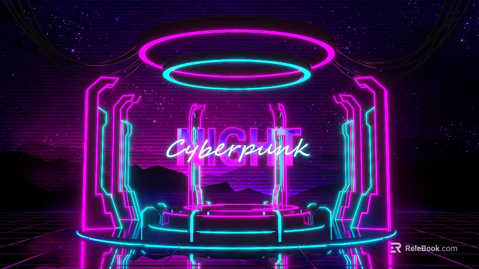 Cyberpunk Stage With Purple Blue Neon Lights Rings And Geometric Decorations 3d model 
