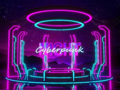 Cyberpunk Stage With Purple Blue Neon Lights Rings And Geometric Decorations 3d model