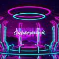 Cyberpunk Stage With Purple Blue Neon Lights Rings And Geometric Decorations