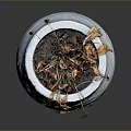 Wilted Plant In White Textured Pot With Dried Leaves Against Gray Background