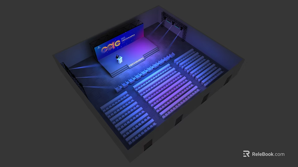 Modern Event Hall With Stage Large Screen Audience Seats And Lighting 3d model 