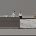 Modern Front Desk Reception With Two Receptionists Computers Wooden Marble Countertop Golden Statue