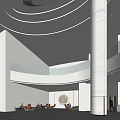Modern Lobby Reception Desk with Tall Columns Circular Ceiling Design and Bright Sofa Area