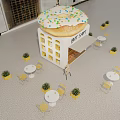 Charming Bunt Shop Exterior Featuring Giant Donut Sprinkles Yellow Shelves Chairs Tables And Trees