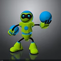 Green Robot Character Holding Blue Balls In Standing Pose On Dark Shiny Background