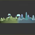 Cartoon Scenic Model With Green Blue Hills Small Houses Clouds And Trees