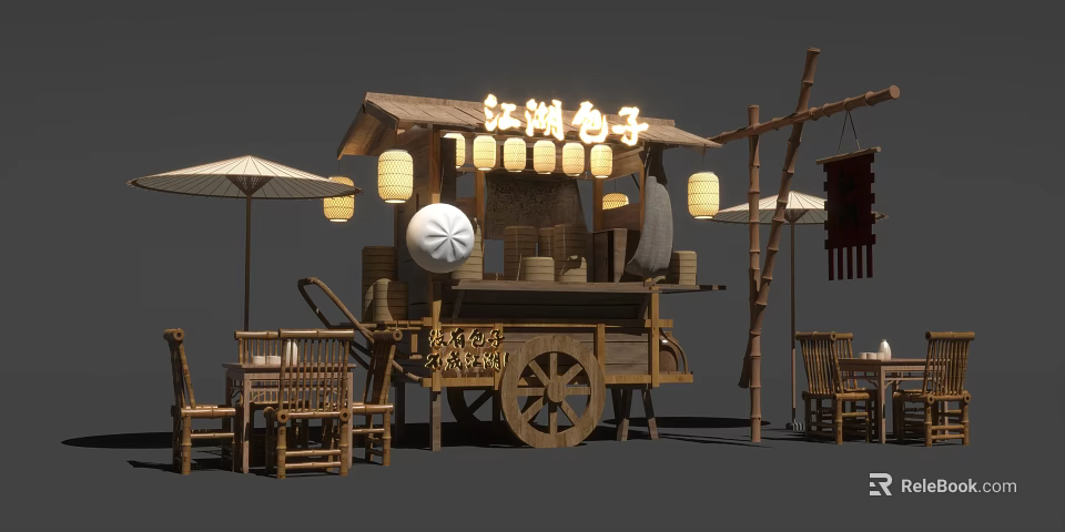 Traditional Wooden Bun Stall with Wheeled Cart Bamboo Tables Chairs and Hanging Lanterns 3d model 