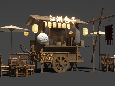Traditional Wooden Bun Stall with Wheeled Cart Bamboo Tables Chairs and Hanging Lanterns 3d model