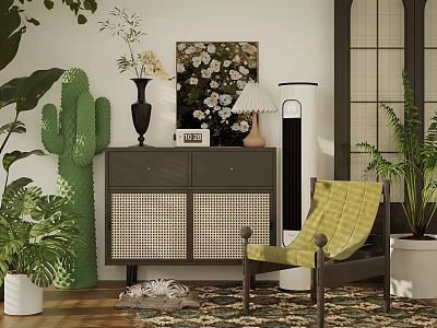 Stylish Entryway Console Cabinet Interior With Green Plants Vase And Decorative Painting 3d model