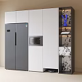 Modern White and Gray Sideboard with Built-in Microwave Open Shelves Books and Blue Decor