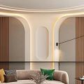 Cozy Living Room Interior With Beige Sofa Green Yellow Pillows Wooden Walls Circular Ceiling Light