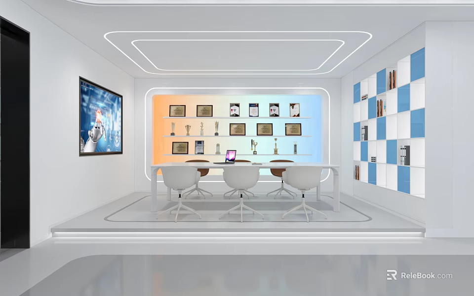 Modern Conference Room With White And Blue Checkerboard Wall Trophies Display Screen Tables And Chairs 3d model 