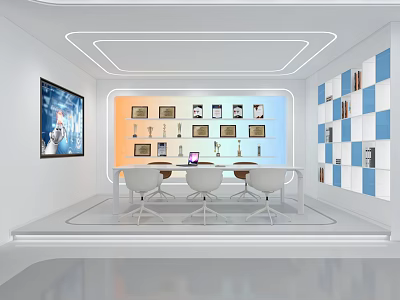 Modern Conference Room With White And Blue Checkerboard Wall Trophies Display Screen Tables And Chairs 3d model