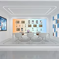 Modern Conference Room With White And Blue Checkerboard Wall Trophies Display Screen Tables And Chairs