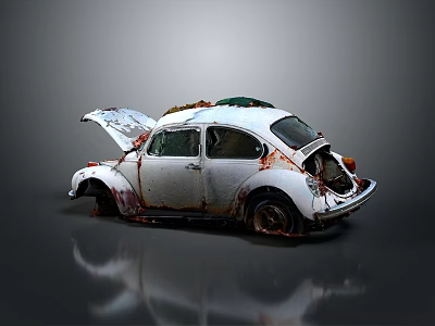 Vintage Volkswagen Beetle With Rusty Body Open Hood And Damaged Trunk 3d model