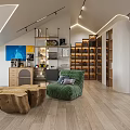 Loft Style Living Dining Room With Wooden Flooring Green Armchair Bar Stools And Plants