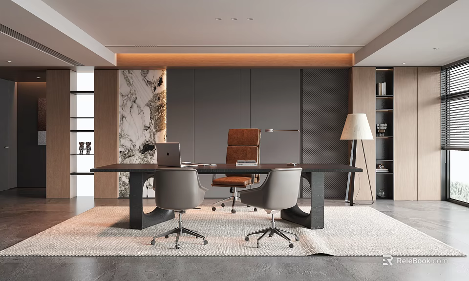 Modern Office Interior With Leather Chair Gray Chairs Desk And Marble Wall 3d model 