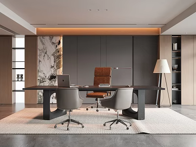 Modern Office Interior With Leather Chair Gray Chairs Desk And Marble Wall 3d model
