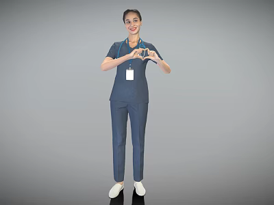 Smiling Woman in Blue Scrubs with ID Badge Making Heart Shape 3d model