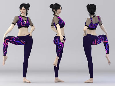 Woman in Purple Activewear with Pink and Blue Patterns Posing in Three Angles 3d model