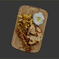 Tasty Grilled Chicken Skewers with Flatbread French Fries Fried Egg and Rice on Wooden Platter