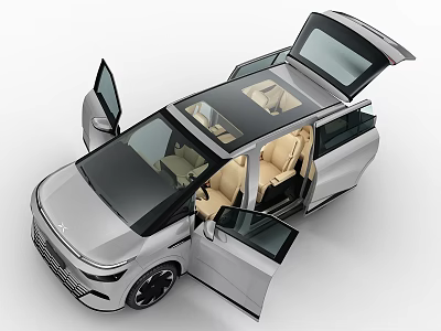 Silver Modern Car with Open Doors Light Colored Seats and Panoramic Sunroof 3d model