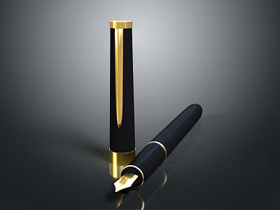 Sleek Black And Gold Fountain Pen With Pen Cap And Nib On Black Background 3d model