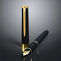 Sleek Black And Gold Fountain Pen With Pen Cap And Nib On Black Background